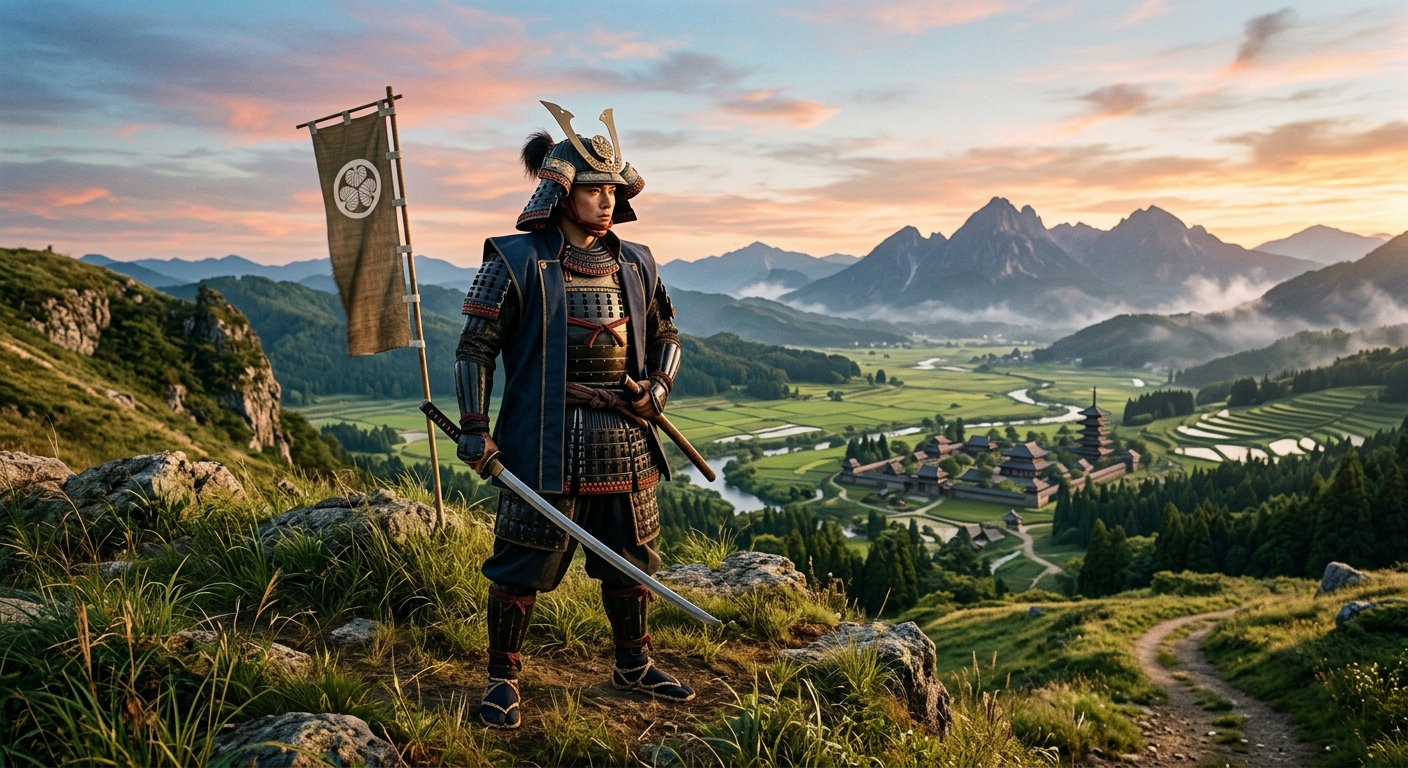 Young samurai in traditional armor stands on a hill, overlooking lush fields and mountains at dawn, under an orange-pink sky.