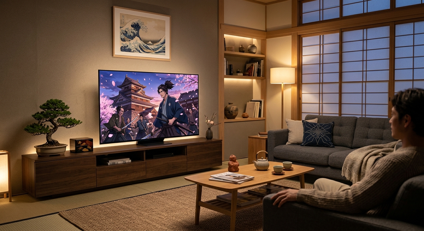 Modern living room with a flat-screen TV showing a vibrant Japanese anime, featuring bonsai and traditional art, warmly lit ambiance.