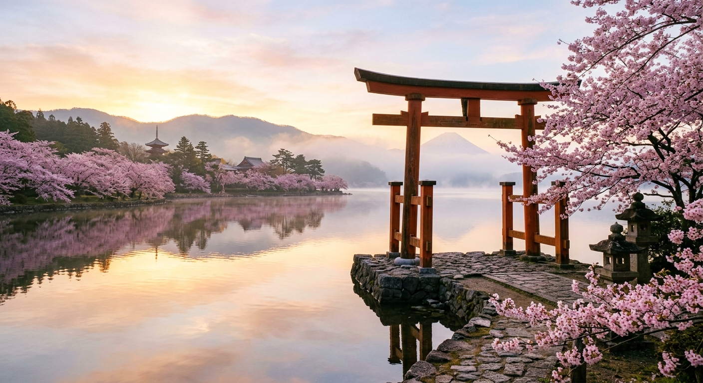 A serene sunrise over a lake with a torii gate, cherry blossoms, and misty reflections, evoking a tranquil, historical Japanese scene.