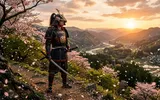 Young samurai in traditional armor stands on a hilltop, cherry blossoms falling, with a golden sunset over a serene landscape.